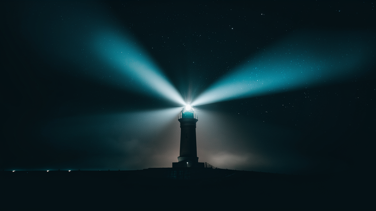 A captivating photograph capturing a solitary lighthouse standing tall against the backdrop of a dark, starless night. The lighthouse's beam cuts through the pitch-black surroundings, serving as a beacon of hope and guidance for distant ships unseen in the darkness. The intense light from the lighthouse contrasts sharply with the surrounding night, creating a vivid symbol of guidance and safety amidst uncertainty.
The scene is imbued with a sense of tranquility and steadfastness, as the lighthouse remains unyielding in its purpose, guiding voyagers to safety. This image, rich in symbolism, represents the blog's role as a beacon of guidance and inspiration, illuminating the way for readers on their individual journeys towards mastery and fulfillment.
Use high-contrast lighting to emphasize the lighthouse's beam against the dark environment, and ensure the composition conveys a sense of isolation and guidance, drawing a parallel to the blog's mission of lighting the path for others in their quests for personal and professional growth.
